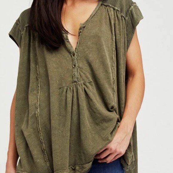FREE PEOPLE Aster Henley Top in Army NWT - Picture 1 of 11